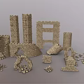 Medieval Stone Castle Ruin Components With Tower Arches And Wall Fragments