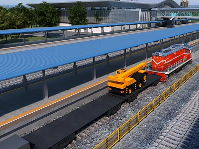 Modern Service Area Exterior With Sloped Blue Roof And Green Surrounding Trees 3d model