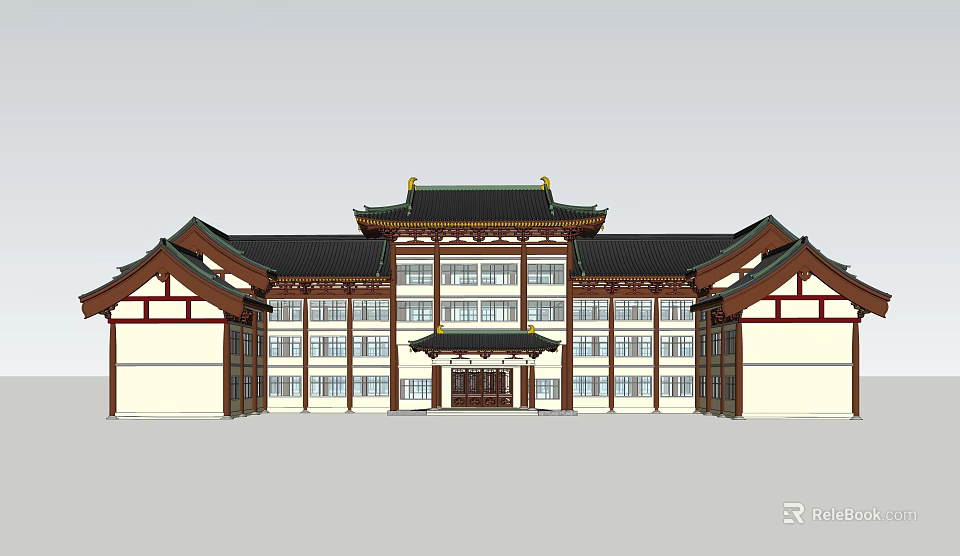 Ancient Chinese Architecture with Classic Roof Overhanging Eaves and Wooden Structure Symmetrical Design 3d model 