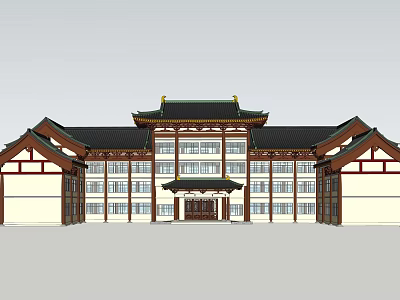 Ancient Chinese Architecture with Classic Roof Overhanging Eaves and Wooden Structure Symmetrical Design 3d model