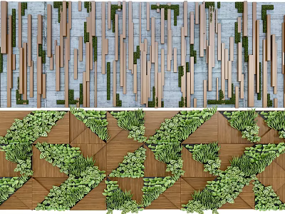 Modern Wooden Background Wall With Vertical Slats Gray Accents And Green Geometric Foliage 3d model