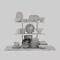 White Ceramic Dinnerware Set With Pigeon Ornament Bowls Plates And Cups On Display Shelf
