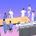 Man as Medical Professional With Team in White Coats And Blue Scrubs Around Long Table