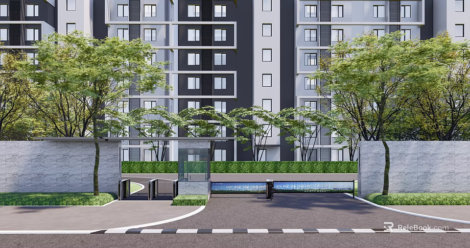 Modern High Rise Apartment Building With Entrance Gate Green Trees And Driveway 3d model 