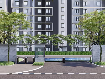 Modern High Rise Apartment Building With Entrance Gate Green Trees And Driveway 3d model