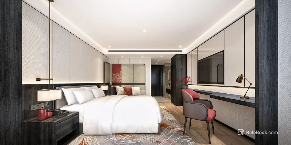 Modern Hotel Guest Room Interior With White Bed Armchair Rug And TV 3d model 