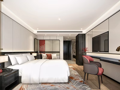 Modern Hotel Guest Room Interior With White Bed Armchair Rug And TV 3d model