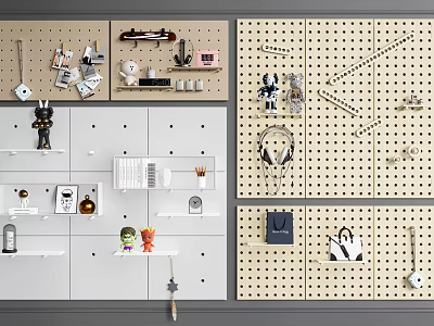 Creative Wall Decor With Pegboard Shelves And Stylish Decorative Items 3d model