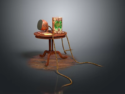 Vintage Household Items On Small Wooden Table With Gramophone Box And Rope 3d model