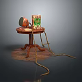 Vintage Household Items On Small Wooden Table With Gramophone Box And Rope