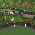 Scenic Park Landscape Featuring Palm Trees Wooden Fence Bears Small Cabin Green Grass And Visitors