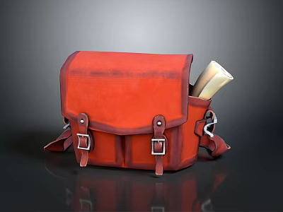 Red Leather Daily Essentials Bag With Metal Buckles And Rolled Papers Inside 3d model