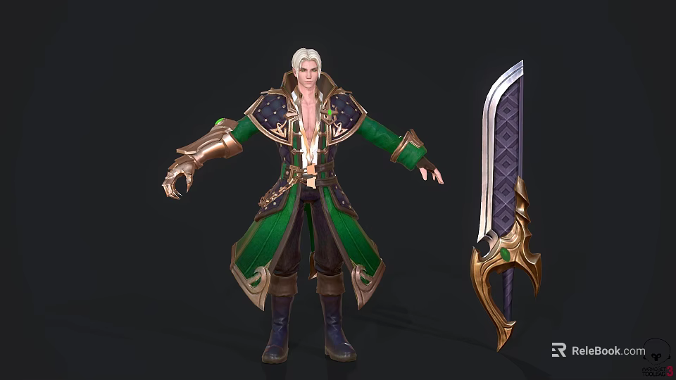 White Haired Male Game Movie Character In Green Gold Outfit With Ornate Sword 3d model 