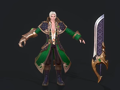 White Haired Male Game Movie Character In Green Gold Outfit With Ornate Sword 3d model