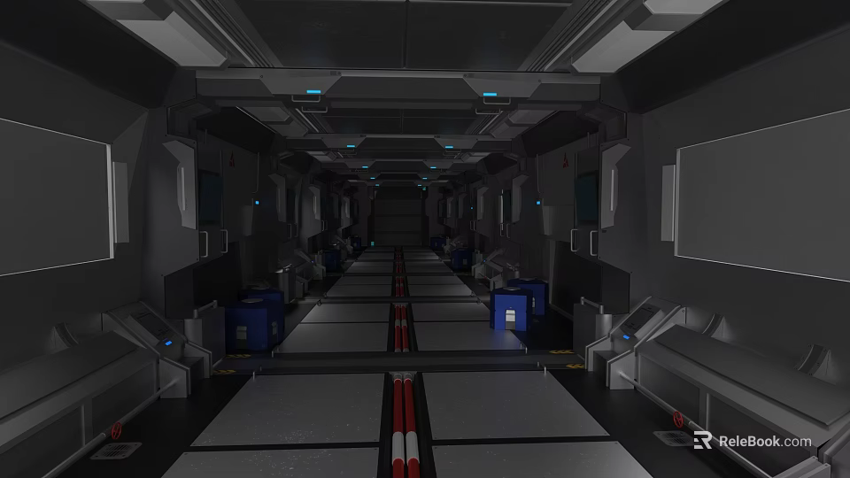 Futuristic Sci Fi Corridor With Metallic Walls Ceiling And Blue Containers 3d model 