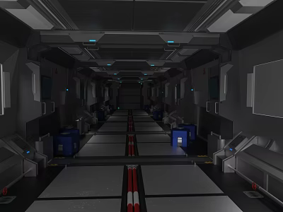 Futuristic Sci Fi Corridor With Metallic Walls Ceiling And Blue Containers 3d model