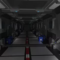 Futuristic Sci Fi Corridor With Metallic Walls Ceiling And Blue Containers 3d model