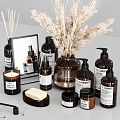 Stylish Modern Bathroom Accessories With Brown Bottles Soap Bar Candle And Decorative Elements