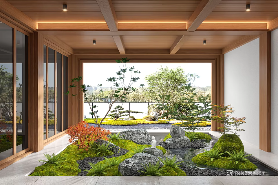 Japanese Indoor Landscape With Wooden Ceiling Green Plants Stone Pond And Moss 3d model 