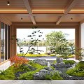 Japanese Indoor Landscape With Wooden Ceiling Green Plants Stone Pond And Moss