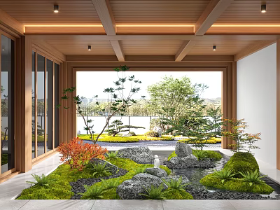 Japanese Indoor Landscape With Wooden Ceiling Green Plants Stone Pond And Moss 3d model