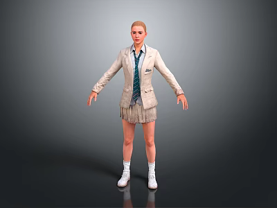Woman In School Uniform Blazer With Tie Pleated Skirt White Socks And Shoes 3d model