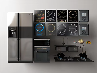 Modern Kitchen Appliances Collection Including Refrigerator Induction Cooktops Microwave And Oven 3d model