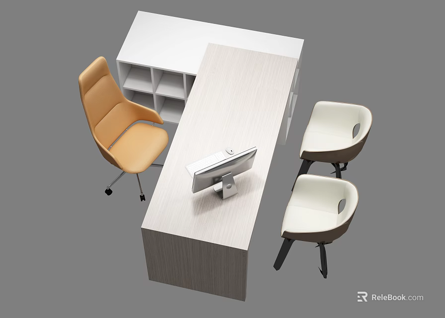 Modern Office Desk With Light Wooden Top White Storage Shelves Computer Monitor And Chairs 3d model 