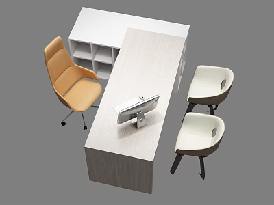 Modern Office Desk With Light Wooden Top White Storage Shelves Computer Monitor And Chairs 3d model