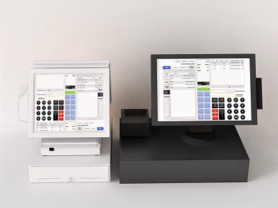 Modern Commercial POS Terminals With Touch Screens Keypad And Cash Drawers 3d model