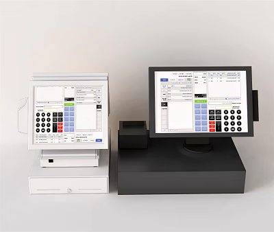 Modern Commercial POS Terminals With Touch Screens Keypad And Cash Drawers 3d model