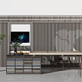 Modern Display Shelves In Interior With Striped Panel And Green Plant Setup 3d model
