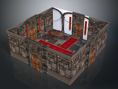 Stone Room Interior Design With Wooden Doors Red Carpets And Arched Elements 3d model