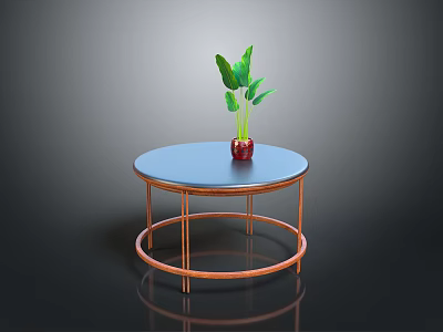Round Modern Coffee Table With Blue Tabletop Copper Legs And Red Vase With Green Leaves 3d model