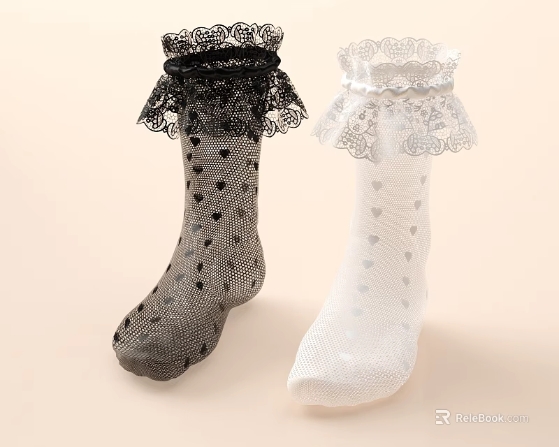 Cute Black And White Socks With Lace Trim And Small Heart Patterns 3d model 