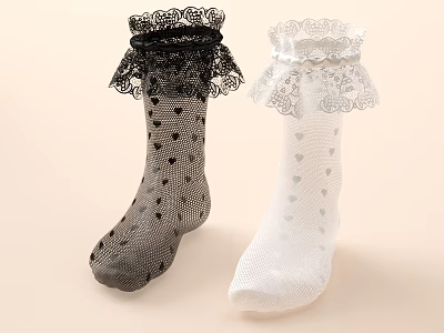 Cute Black And White Socks With Lace Trim And Small Heart Patterns 3d model