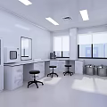 Clean Modern Laboratory Interior With Blue Doors White Walls And Lab Benches Cabinets Stools