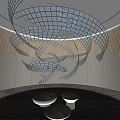 Modern Hotel Lobby with Spiral Art Installation Circular Ceiling Gray Walls and White Seating
