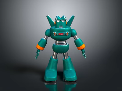 Green Metallic Robot Character With Orange Joint Rings And Red Chest Logo 3d model