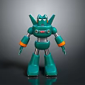 Green Metallic Robot Character With Orange Joint Rings And Red Chest Logo