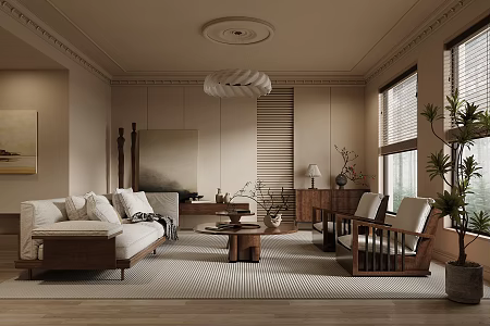 Modern and Antique Style Home Living Room Sofa Coffee Table Combination Leisure Sofa Chair Chandelier Decoration Ornaments Green Planting 3d model
