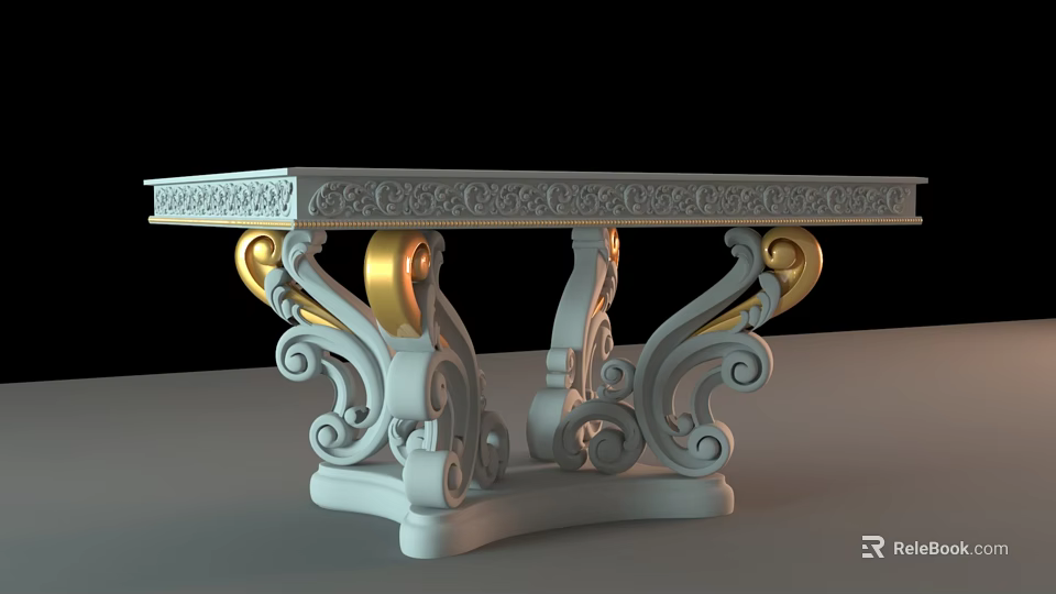 Elegant White Console Table With Carved Scrollwork Base And Gold Accents 3d model 