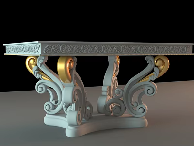Elegant White Console Table With Carved Scrollwork Base And Gold Accents 3d model