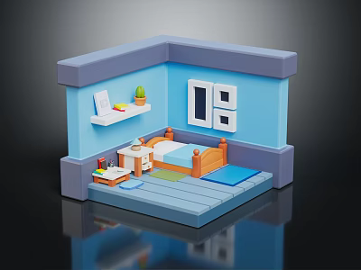 Cozy Cartoon Style Bedroom With Blue Walls White Window Bed Shelf And Green Plant 3d model
