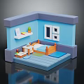 Cozy Cartoon Style Bedroom With Blue Walls White Window Bed Shelf And Green Plant