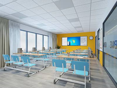 Bright School Classroom With Blue Desks Yellow Wall Digital Screen And Windows 3d model