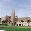 Modern Hotel Building With Palm Trees Lawn Tower And Arched Outdoor Structures
