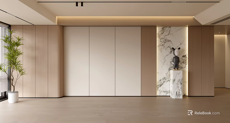 Modern TV Background Cabinet Design With Wooden Panels And Marble Accent 3d model 
