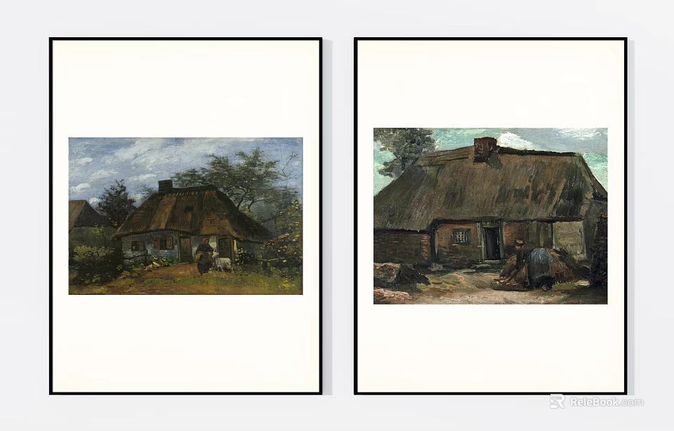 Two Traditional Rural Landscape Paintings With Thatched Roof Houses Trees And People 3d model 