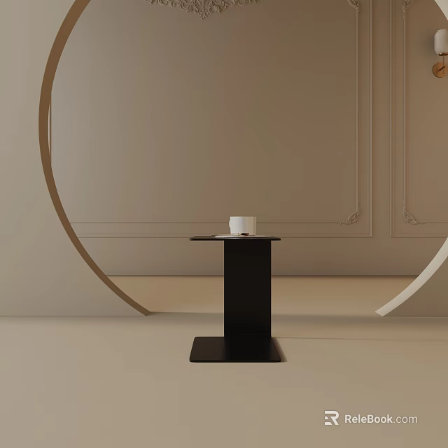 Sleek Black Side Table In Minimalist Indoor Setting With White Cup And Curved Decor 3d model 